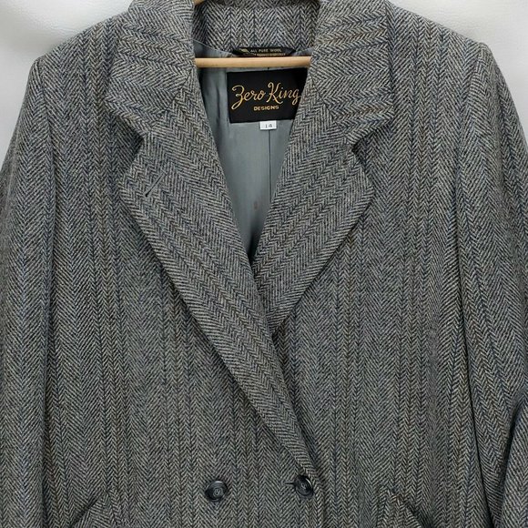 VTG Blue & Gray Herringbone Tweed Wool Blazer Winter Jacket Zero King Women's 14 - Picture 3 of 7